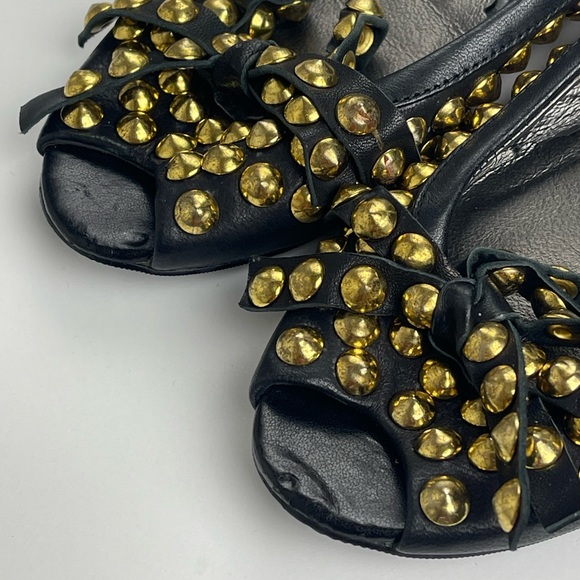 Miu Miu Open Toe Ballet Flats with Gold Studs and Ribbon Accents - Picture 6 of 12